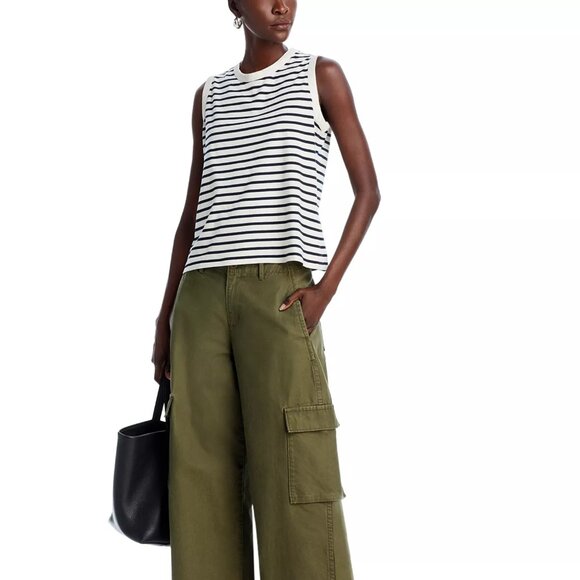 88$ Kule Striped Contrast Trim Crew Neck Tank Top Sleeveless Size XS Ivory Navy - Picture 3 of 4